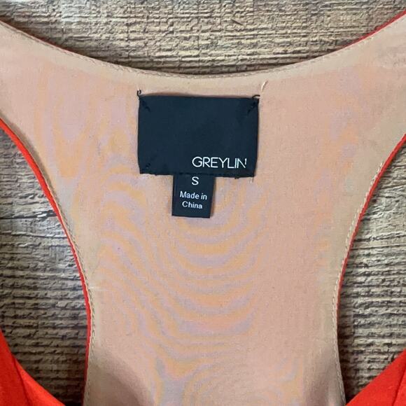 Greylin 100% Silk Racerback Sleeveless Ruffle Dress Orange Red Size Small - Picture 8 of 10